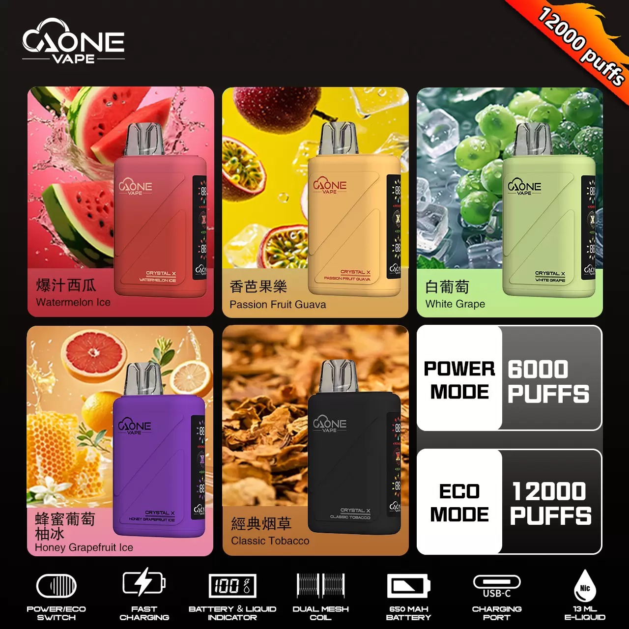 AONE Crystal X 水晶 2 代｜16000 口大容量一次性電子煙